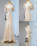 Niulatu Champagne V-neck Mermaid Glitter Satin Long Prom Dresses Fashion Formal Evening Gowns HZ1103