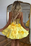 Niulatu Yellow Spaghetti Straps A-Line Satin Applique Short Prom Dresses Pretty Homecoming Dress HZ1103