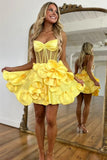 Niulatu Yellow Spaghetti Straps A-Line Satin Applique Short Prom Dresses Pretty Homecoming Dress HZ1103