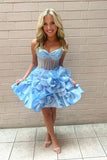 Niulatu Yellow Spaghetti Straps A-Line Satin Applique Short Prom Dresses Pretty Homecoming Dress HZ1103