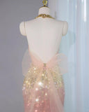 Niulatu Ombre Peach Tulle V-Neck Mermaid Gold Sequins Long Prom Dresses Glam Formal Evening Dress HZ1103