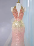 Niulatu Ombre Peach Tulle V-Neck Mermaid Gold Sequins Long Prom Dresses Glam Formal Evening Dress HZ1103
