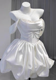 Niulatu White Off-the-shoulder A-Line Satin Short Prom Dresses Homecoming Dress with Pearls HZ1103
