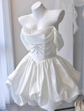 Niulatu White Off-the-shoulder A-Line Satin Short Prom Dresses Homecoming Dress with Pearls HZ1103