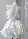 Niulatu White Off-the-shoulder A-Line Satin Short Prom Dresses Homecoming Dress with Pearls HZ1103
