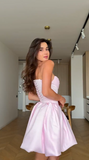 Niulatu Pink Strapless A-Line Satin Short Prom Dresses Elegant Homecoming Dress HZ1103