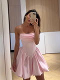 Niulatu Pink Strapless A-Line Satin Short Prom Dresses Elegant Homecoming Dress HZ1103