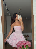 Niulatu Pink Strapless A-Line Satin Short Prom Dresses Elegant Homecoming Dress HZ1103