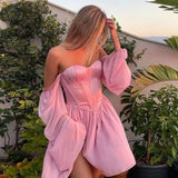 Niulatu Pink Sweetheart Neck A-Line Chiffon Long Sleeve Short Prom Dresses Fashion Homecoming Dress HZ1103