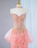 Niulatu Pink Sweetheart Mermaid Beaded Tulle Long Prom Dresses Formal Evening Gowns HZ1103