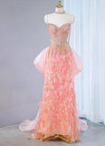 Niulatu Pink Sweetheart Mermaid Beaded Tulle Long Prom Dresses Formal Evening Gowns HZ1103