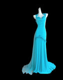 Niulatu Blue Halter Mermaid Chiffon Appliques Long Prom Dresses Formal Evening Gowns With Open Back HZ1103