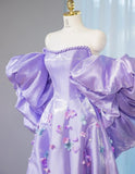 Niulatu Purple Off-shoulder A-Line Satin Long Prom Dresses Sweet Evening Gowns With Appliques HZ1103