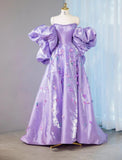 Niulatu Purple Off-shoulder A-Line Satin Long Prom Dresses Sweet Evening Gowns With Appliques HZ1103