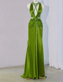 Niulatu Green V-neck Sheath Satin Long Prom Dresses Formal Evening Gowns with Beading HZ1103
