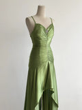 Niulatu Green Spaghetti Strap Bodycon Satin Hi-Lo Long Prom Dresses Formal Evening Gowns HZ1103