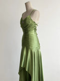 Niulatu Green Spaghetti Strap Bodycon Satin Hi-Lo Long Prom Dresses Formal Evening Gowns HZ1103