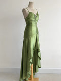 Niulatu Green Spaghetti Strap Bodycon Satin Hi-Lo Long Prom Dresses Formal Evening Gowns HZ1103