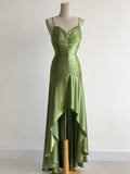 Niulatu Green Spaghetti Strap Bodycon Satin Hi-Lo Long Prom Dresses Formal Evening Gowns HZ1103