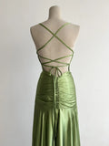 Niulatu Green Spaghetti Strap Bodycon Satin Hi-Lo Long Prom Dresses Formal Evening Gowns HZ1103
