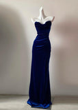 Niulatu Navy Blue Strapless Mermaid Velvet Long Prom Dresses Formal Evening Gowns HZ1103