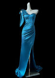 Niulatu Blue One Shoulder Mermaid Satin Long Prom Dresses Formal Evening Gowns With Slits HZ1103
