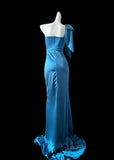 Niulatu Blue One Shoulder Mermaid Satin Long Prom Dresses Formal Evening Gowns With Slits HZ1103