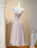Niulatu Blush Pink Spaghetti Straps A-Line Sequin Tulle Long Prom Dresses Birthday Evening Gowns HZ1103