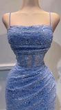 Niulatu Glitter Blue Spaghetti Straps Bodycon Tulle Lace Short Prom Dresses Birthday Party Dress with Sequins HZ1103