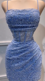 Niulatu Glitter Blue Spaghetti Straps Bodycon Tulle Lace Short Prom Dresses Birthday Party Dress with Sequins HZ1103