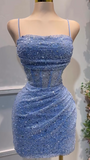 Niulatu Glitter Blue Spaghetti Straps Bodycon Tulle Lace Short Prom Dresses Birthday Party Dress with Sequins HZ1103