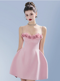 Niulatu Spaghetti Straps A-Line Satin Prom Dresses Short Party Dress with Applique HZ1103