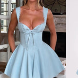 Niulatu Blue Square Neck A-Line Satin Short Prom Dresses Sweet Homecoming Dress HZ1103
