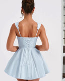 Niulatu Blue Square Neck A-Line Satin Short Prom Dresses Sweet Homecoming Dress HZ1103