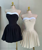 Niulatu Black Strapless A-Line Satin Short Prom Dresses Homecoming Dress HZ1103