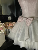 Niulatu Pink Spaghetti Straps A-Line Glitter Satin Tulle Short Prom Dresses Homecoming Dress With Bow HZ1103
