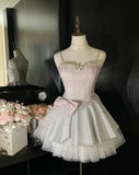 Niulatu Pink Spaghetti Straps A-Line Glitter Satin Tulle Short Prom Dresses Homecoming Dress With Bow HZ1103