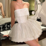 Niulatu Silver White Strapless A-Line Glitter Tulle Short Party Dresses Homecoming Dress HZ1103