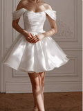 Niulatu White Off-Shoulder A-Line Satin Short Party Dresses Homecoming Dress HZ1103