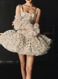 Niulatu White Tulle A-Line Square Neck Polka Dot Short Prom Dresses Elegant Party Dresses HZ1103