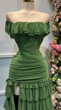 Niulatu Forest Green Off-the-shoulder Bodycon Chiffon Tiered Long Party Dresses Evening Gowns with Slits HZ1103