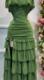 Niulatu Forest Green Off-the-shoulder Bodycon Chiffon Tiered Long Party Dresses Evening Gowns with Slits HZ1103