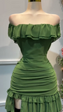 Niulatu Forest Green Off-the-shoulder Bodycon Chiffon Tiered Long Party Dresses Evening Gowns with Slits HZ1103