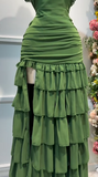 Niulatu Forest Green Off-the-shoulder Bodycon Chiffon Tiered Long Party Dresses Evening Gowns with Slits HZ1103