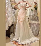 Niulatu White Strapless Mermaid Tulle Applique Long Prom Dresses Formal Evening Gowns HZ1103