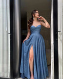 Niulatu Navy Blue Sweetheart Neck A-Line Glitter Sequins Long Prom Dresses Evening Gowns with Open Back HZ1103