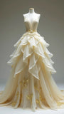 Niulatu Apricot Deep V Neck A-Line Layered Tulle Long Prom Dresses Formal Evening Gowns HZ1103