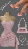Niulatu Pink Strapless Bodycon Short Prom Dresses Glitter Sequin Homecoming Dresses HZ1026