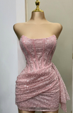 Niulatu Pink Strapless Bodycon Short Prom Dresses Glitter Sequin Homecoming Dresses HZ1026