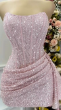 Niulatu Pink Strapless Bodycon Short Prom Dresses Glitter Sequin Homecoming Dresses HZ1026